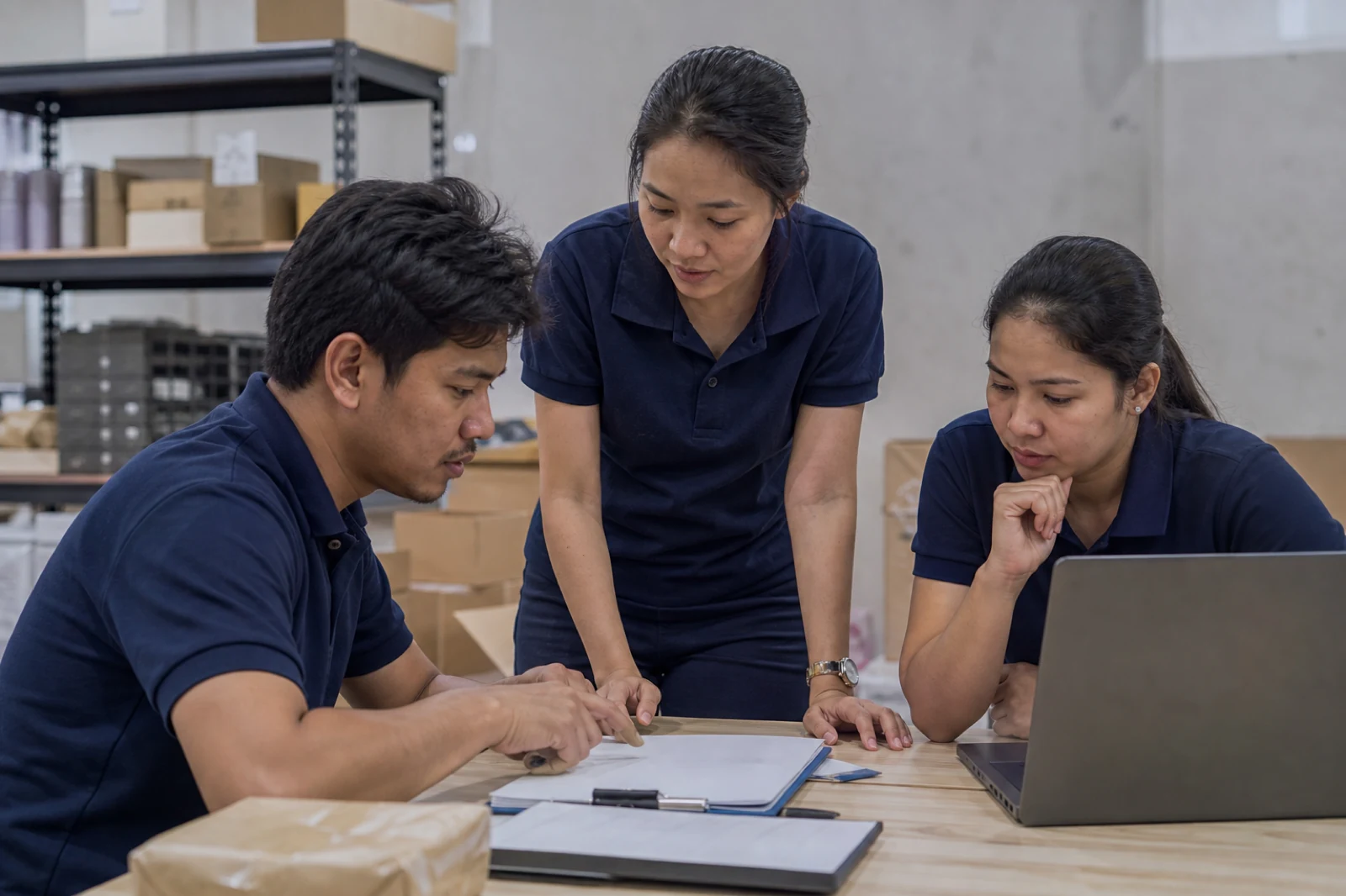 Commerce operations team coordinating an order exception in a warehouse